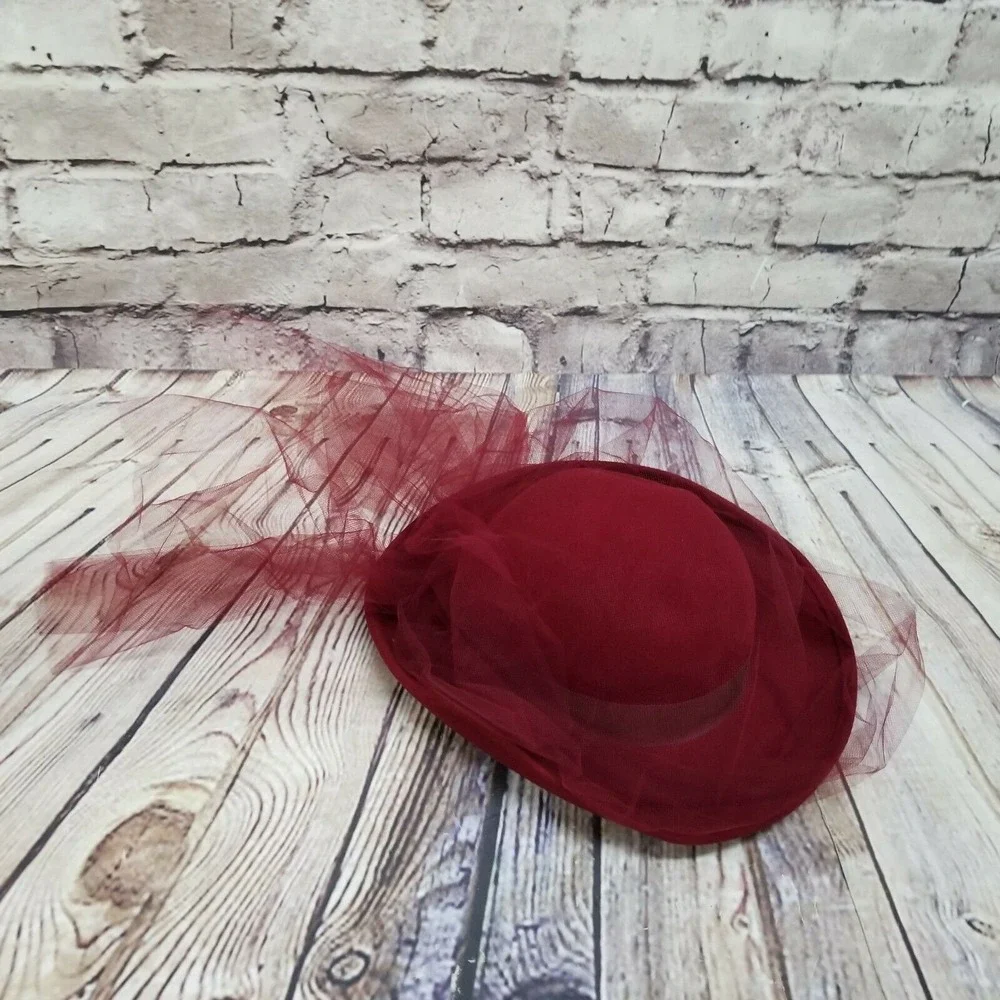 Vintage Michael Howard Maroon‎ Red Wool Hat Veil Church Derby Formal Wide Brim